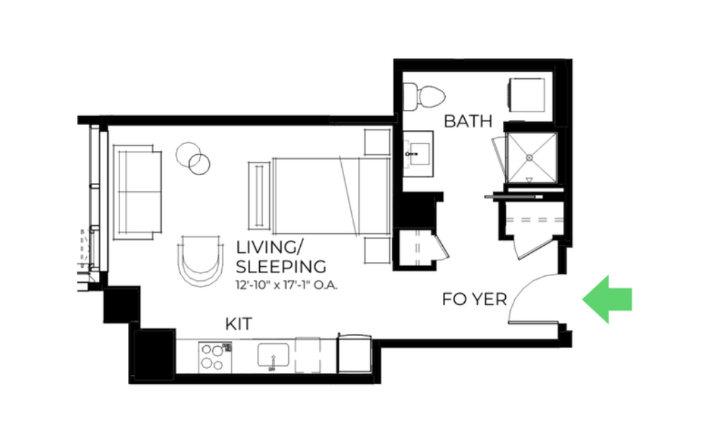 S12A - Studio floorplan layout with 1 bathroom and 485 square feet
