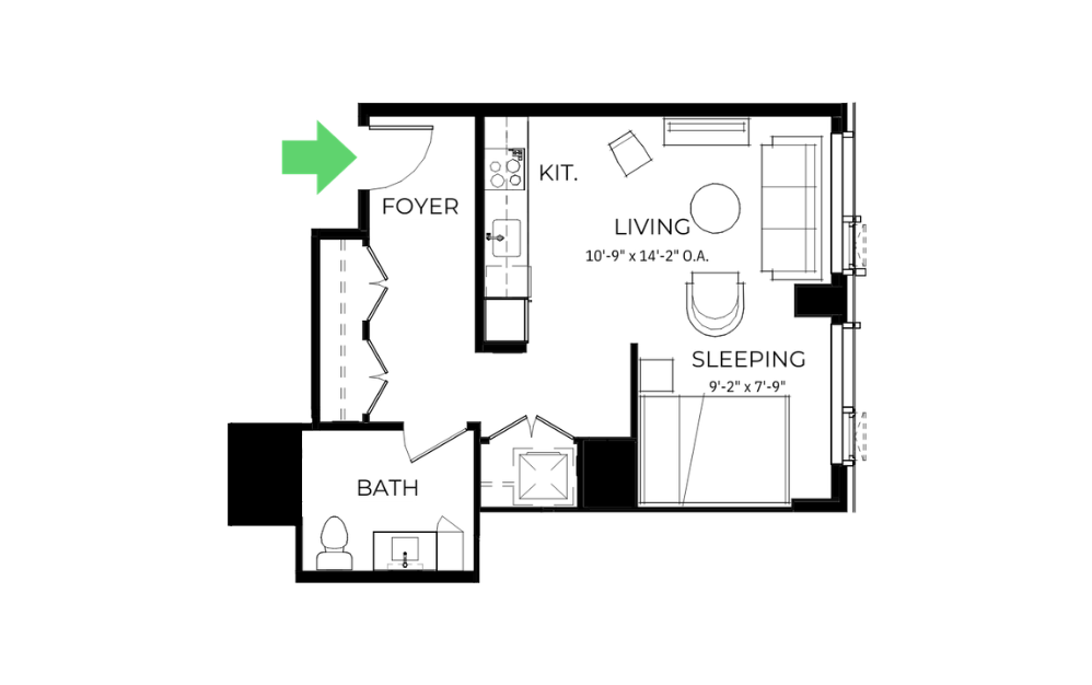 S39-36 - Studio floorplan layout with 1 bathroom and 536 square feet