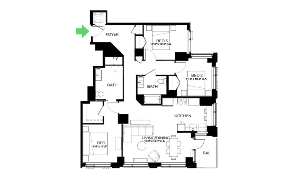 C21AADA-F - 3 bedroom floorplan layout with 2 bathrooms and 1383 square feet