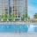 a swimming pool in front of a building